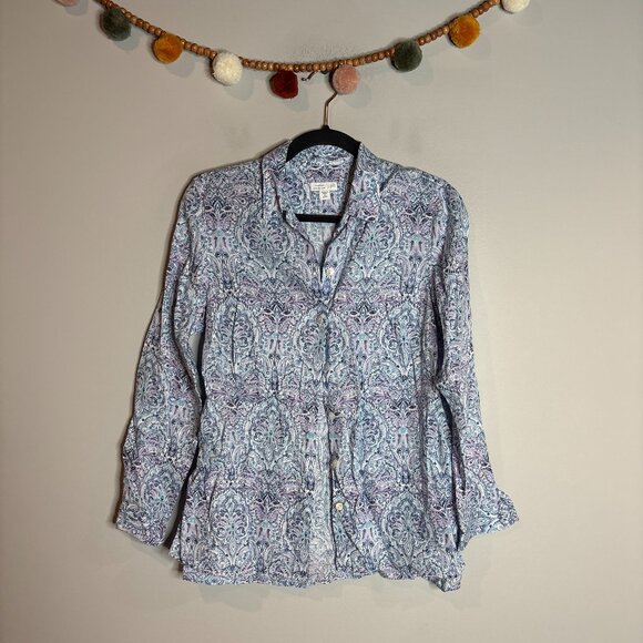 J. Jill Love Linen Essential Button Down Shirt with Blue, Purple Paisley Design - Picture 2 of 6